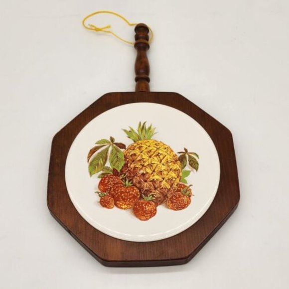 Vintage Wood & Ceramic Tile Trivets Wall Hanging Pineapple and Pear - Picture 4 of 5